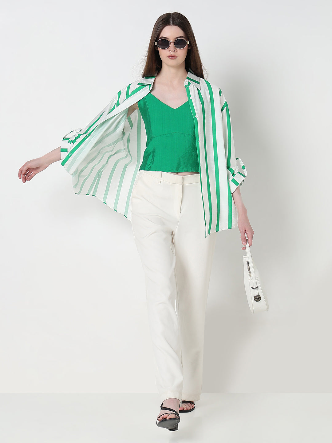 Women's Vertical Stripes Green Regular Fit Shirt with Cami Top