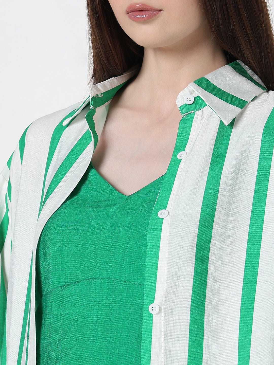 Women's Vertical Stripes Green Regular Fit Shirt with Cami Top