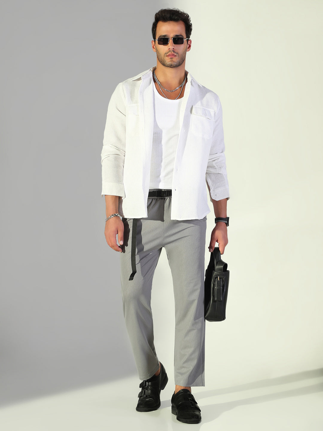 Men Grey Solid Straight Fit Korean Trousers