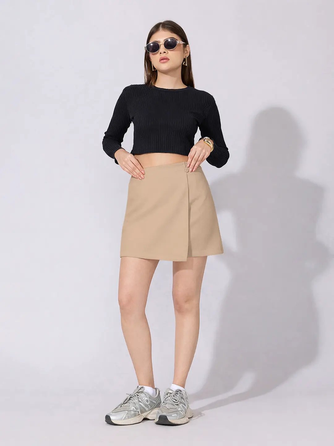 Women's Brown Asymmetric Wrap Front Mini Skort with Button Detail