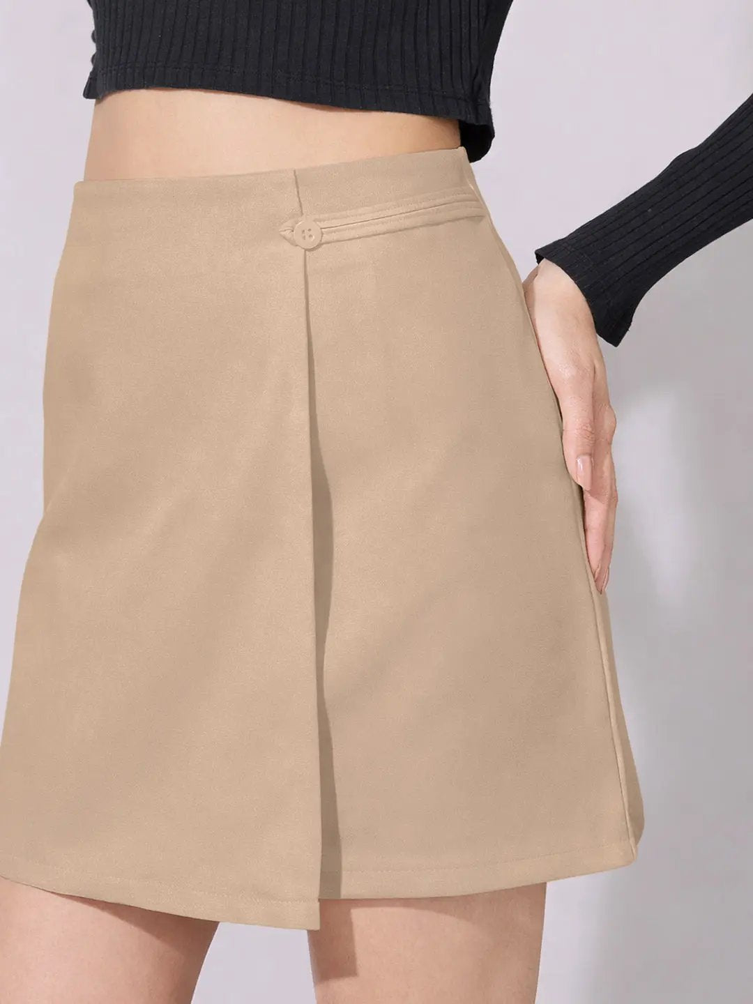 Women's Brown Asymmetric Wrap Front Mini Skort with Button Detail