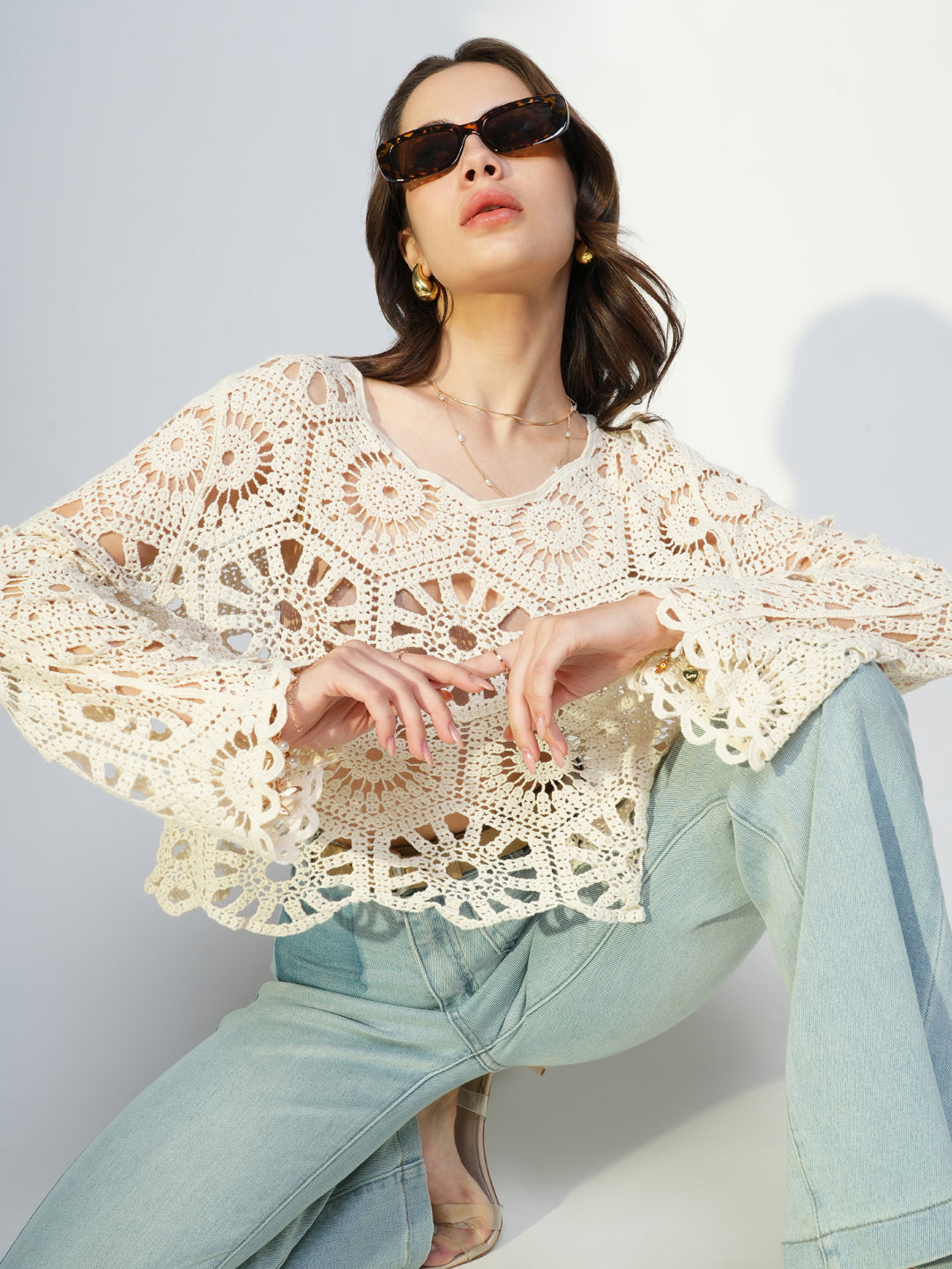 Women Cream Solid Crochet Crop Top