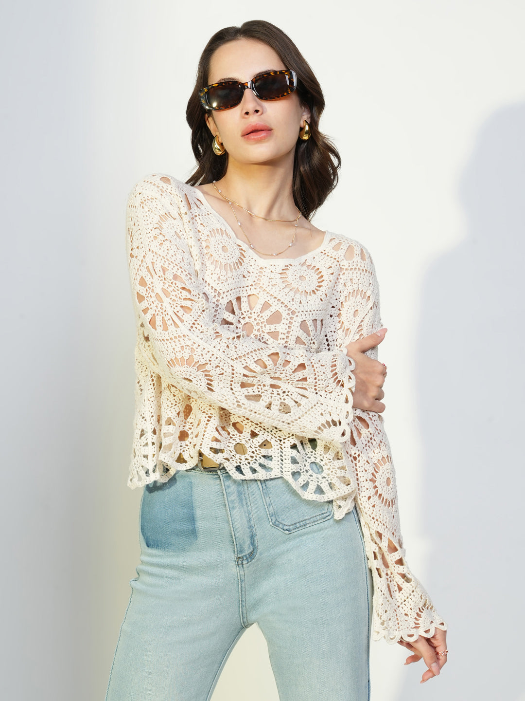 Women Cream Solid Crochet Crop Top