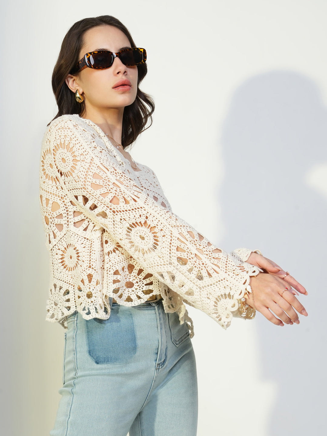 Women Cream Solid Crochet Crop Top