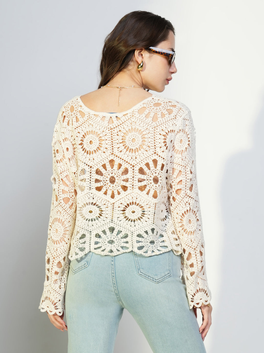 Women Cream Solid Crochet Crop Top