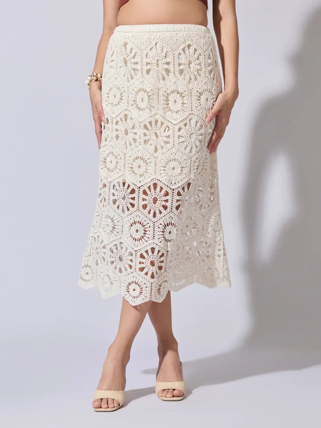Women's Floral Cream Crochet Midi Skirt - from SHOWOFFFF