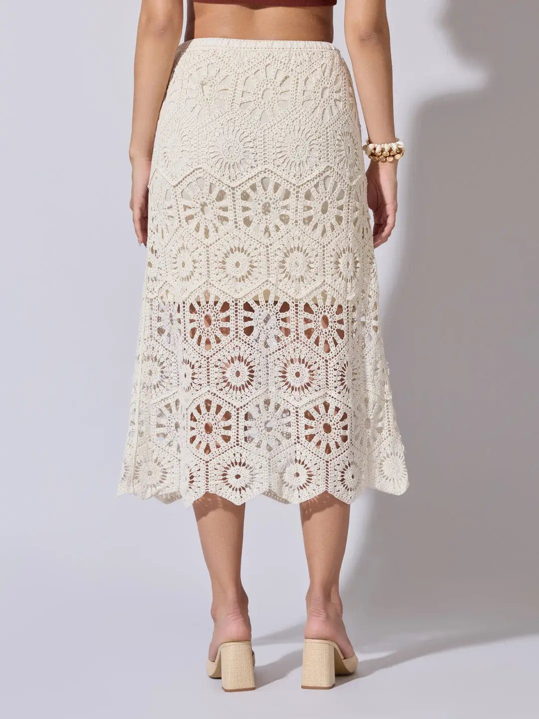 Women's Floral Cream Crochet Midi Skirt - from SHOWOFFFF