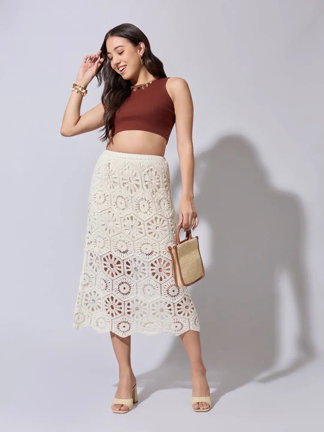 Women's Floral Cream Crochet Midi Skirt - from SHOWOFFFF