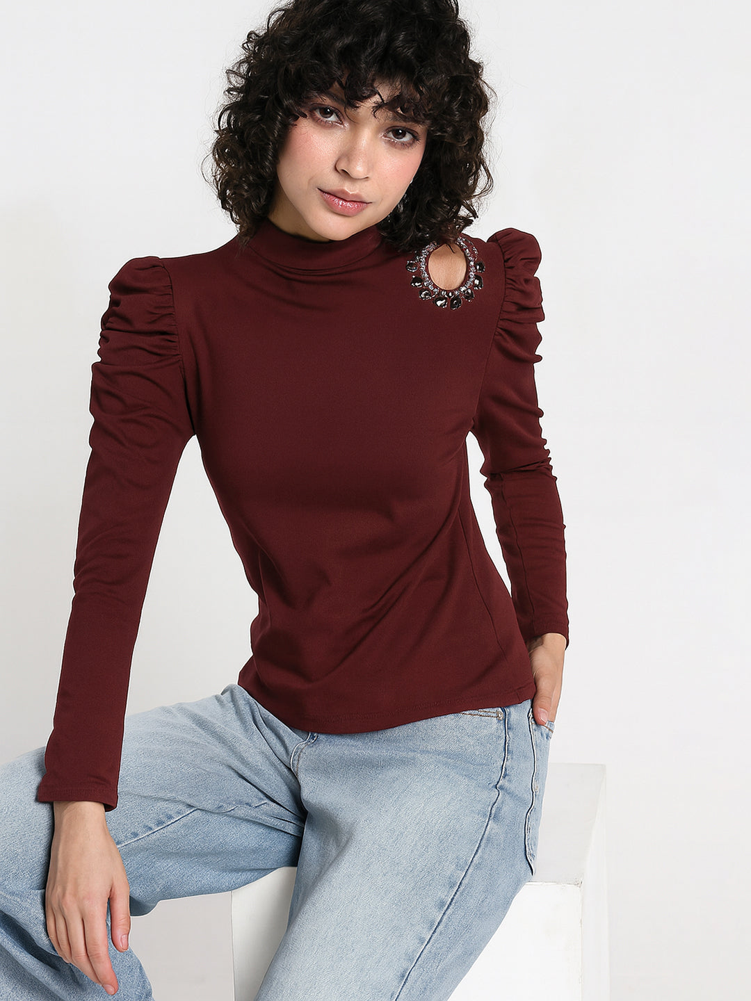 Women's Maroon Embellished High Neck Cut-Out Puff Sleeve Top