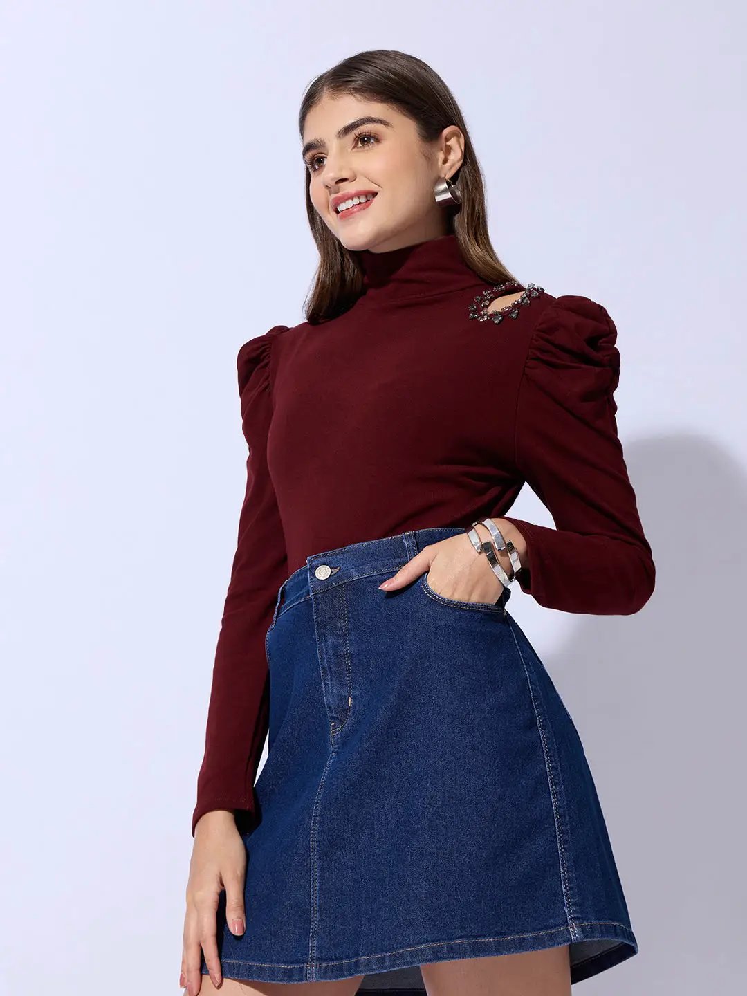 Women's Maroon Embellished High Neck Cut-Out Puff Sleeve Top