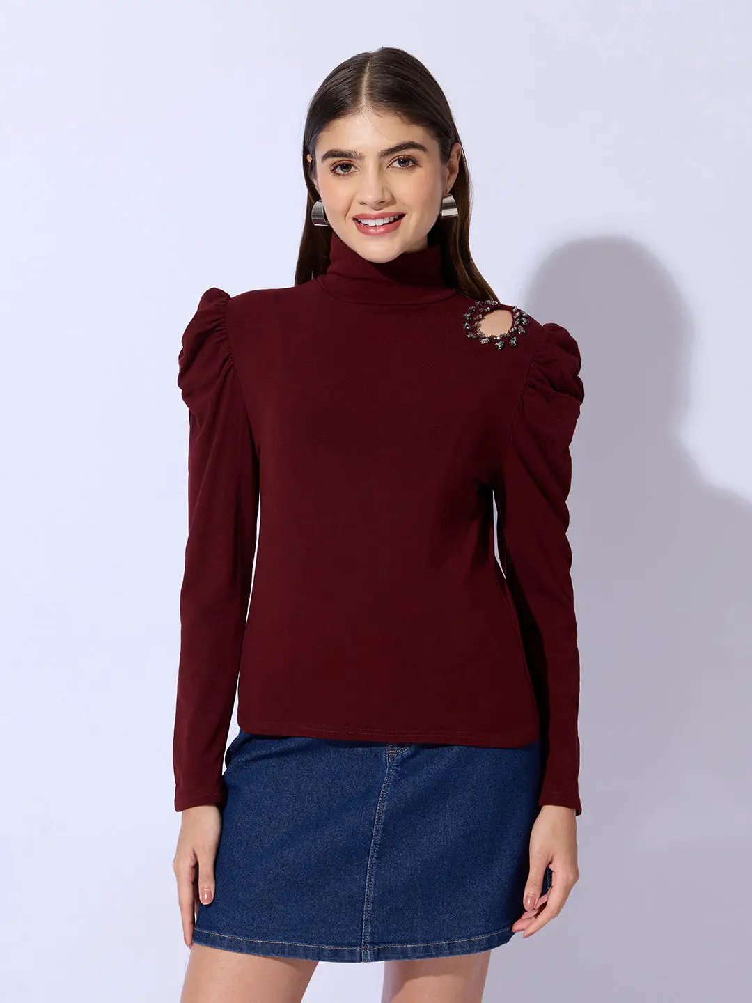 Women's Maroon Embellished High Neck Cut-Out Puff Sleeve Top