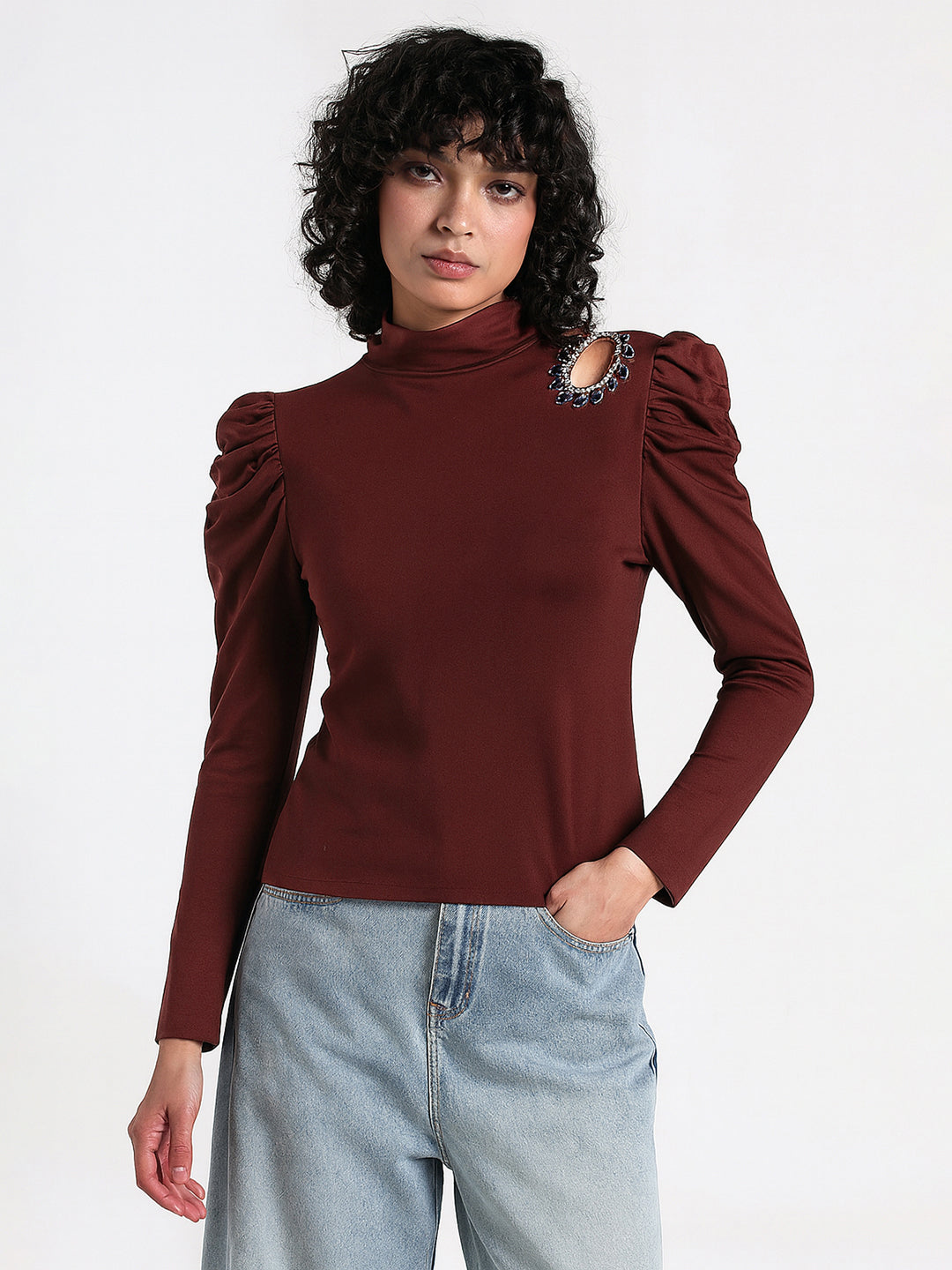 Women's Maroon Embellished High Neck Cut-Out Puff Sleeve Top