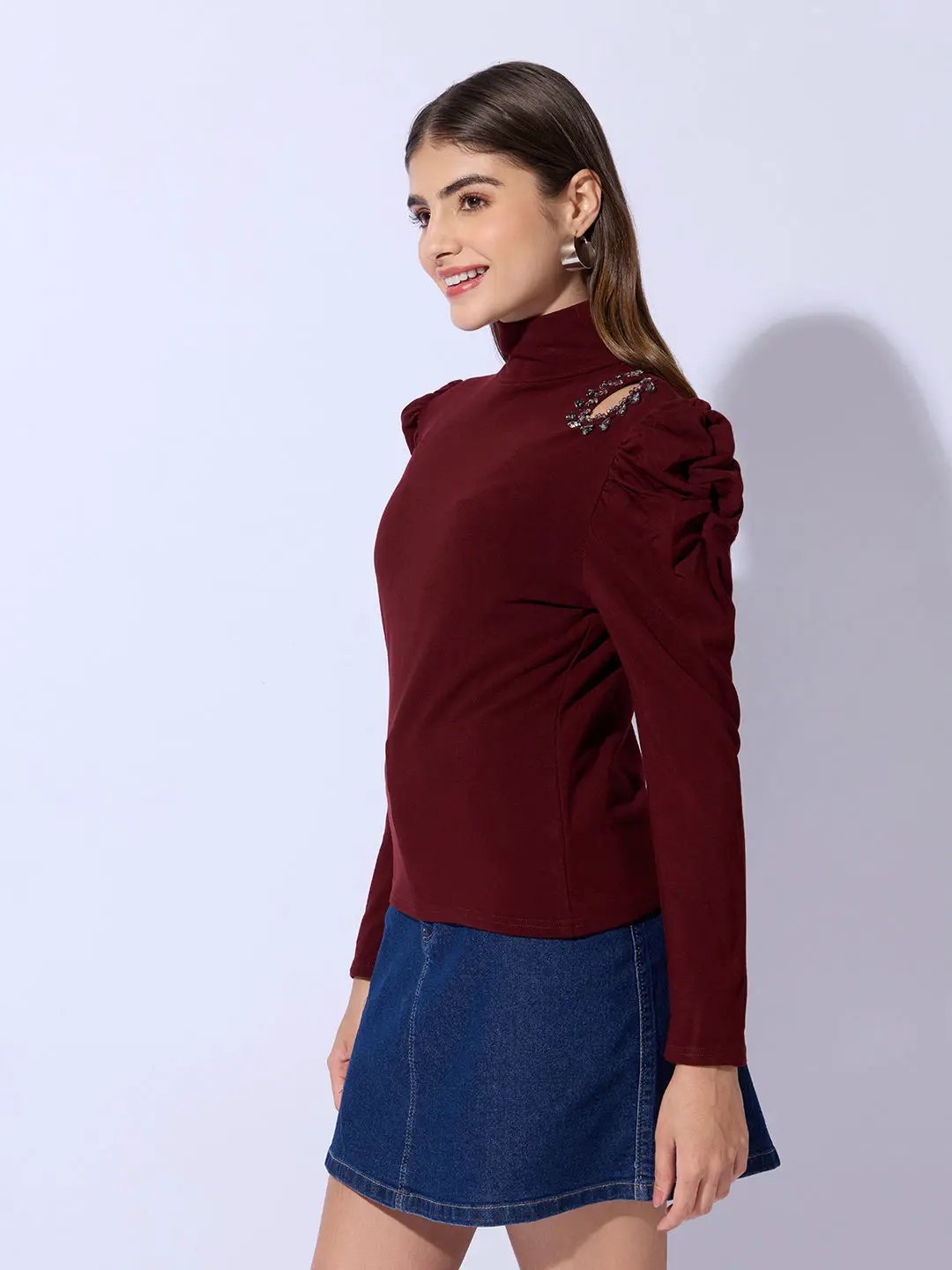 Women's Maroon Embellished High Neck Cut-Out Puff Sleeve Top