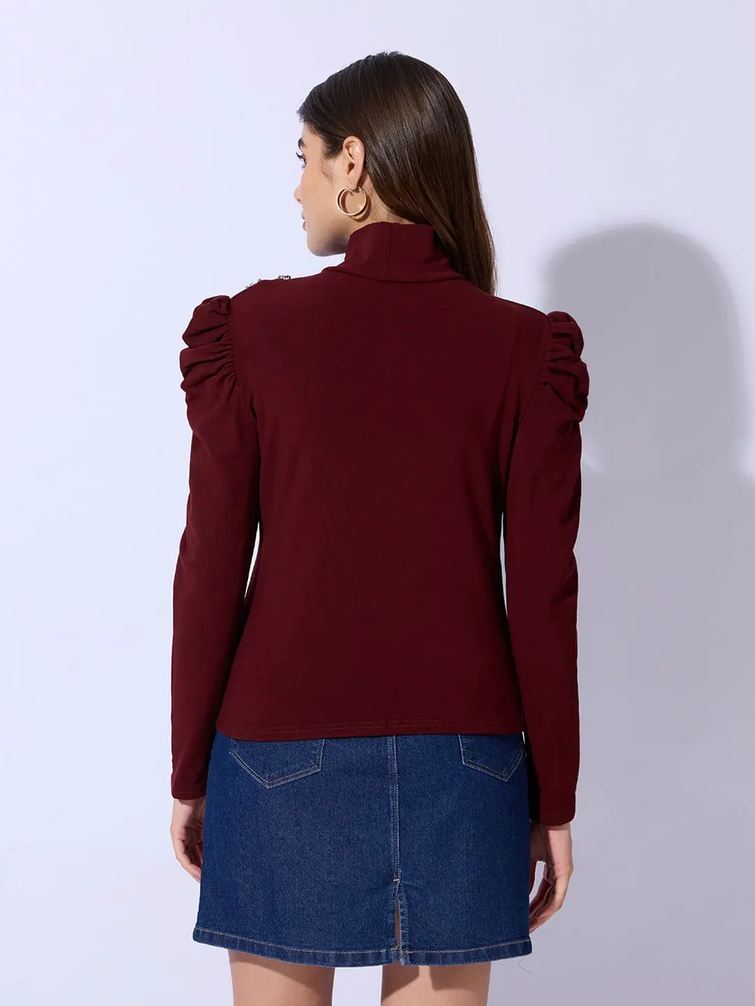 Women's Maroon Embellished High Neck Cut-Out Puff Sleeve Top