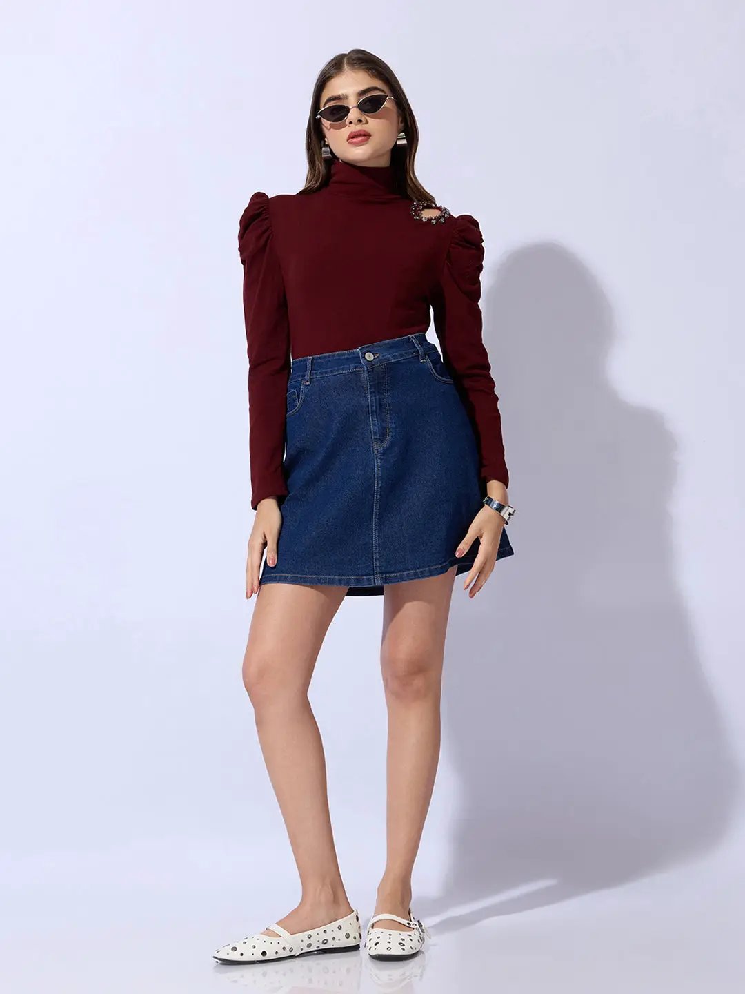 Women's Maroon Embellished High Neck Cut-Out Puff Sleeve Top