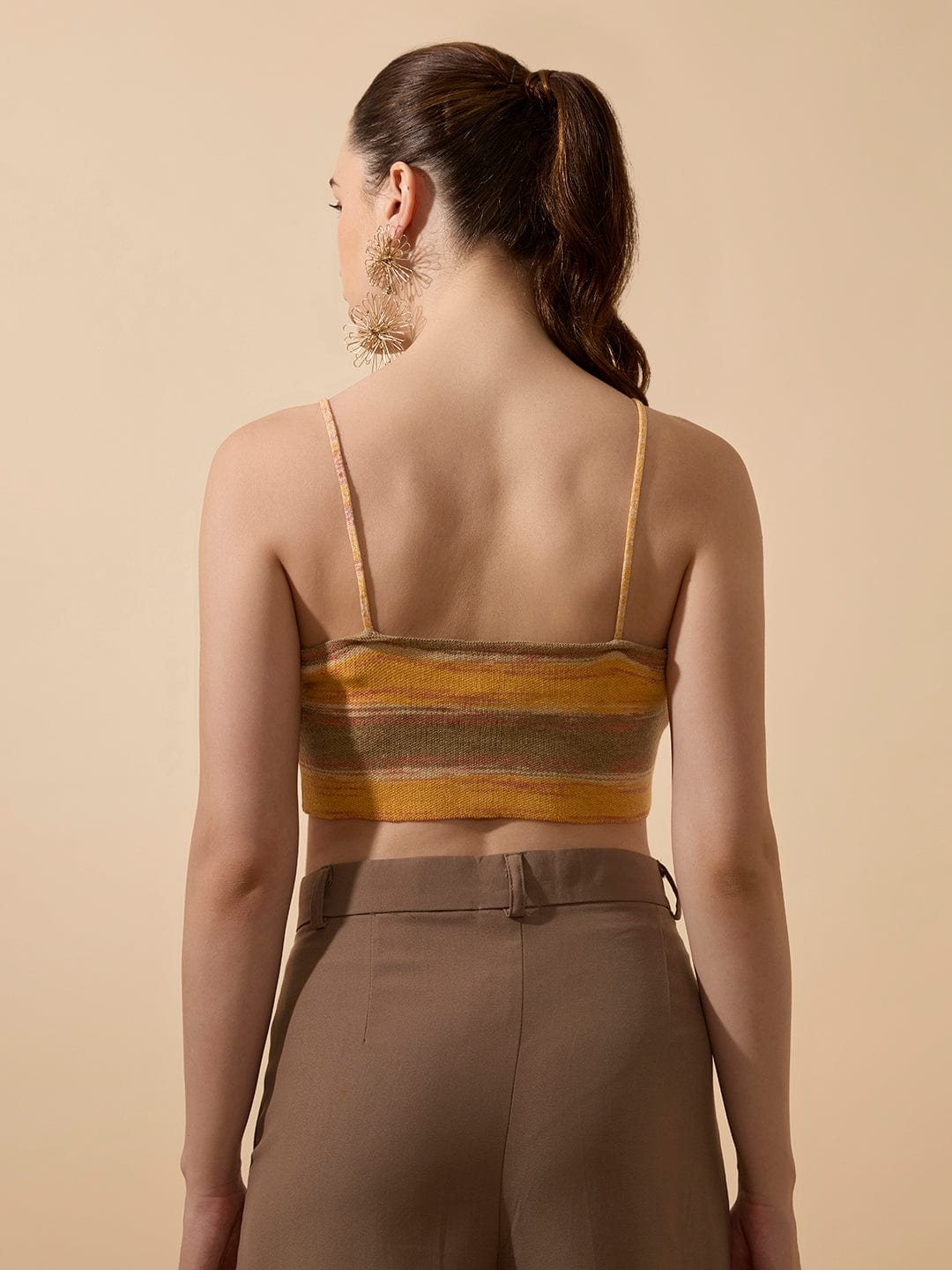 Women's Colourblocked Yellow Spaghetti Strap Crop Top with Button Detail