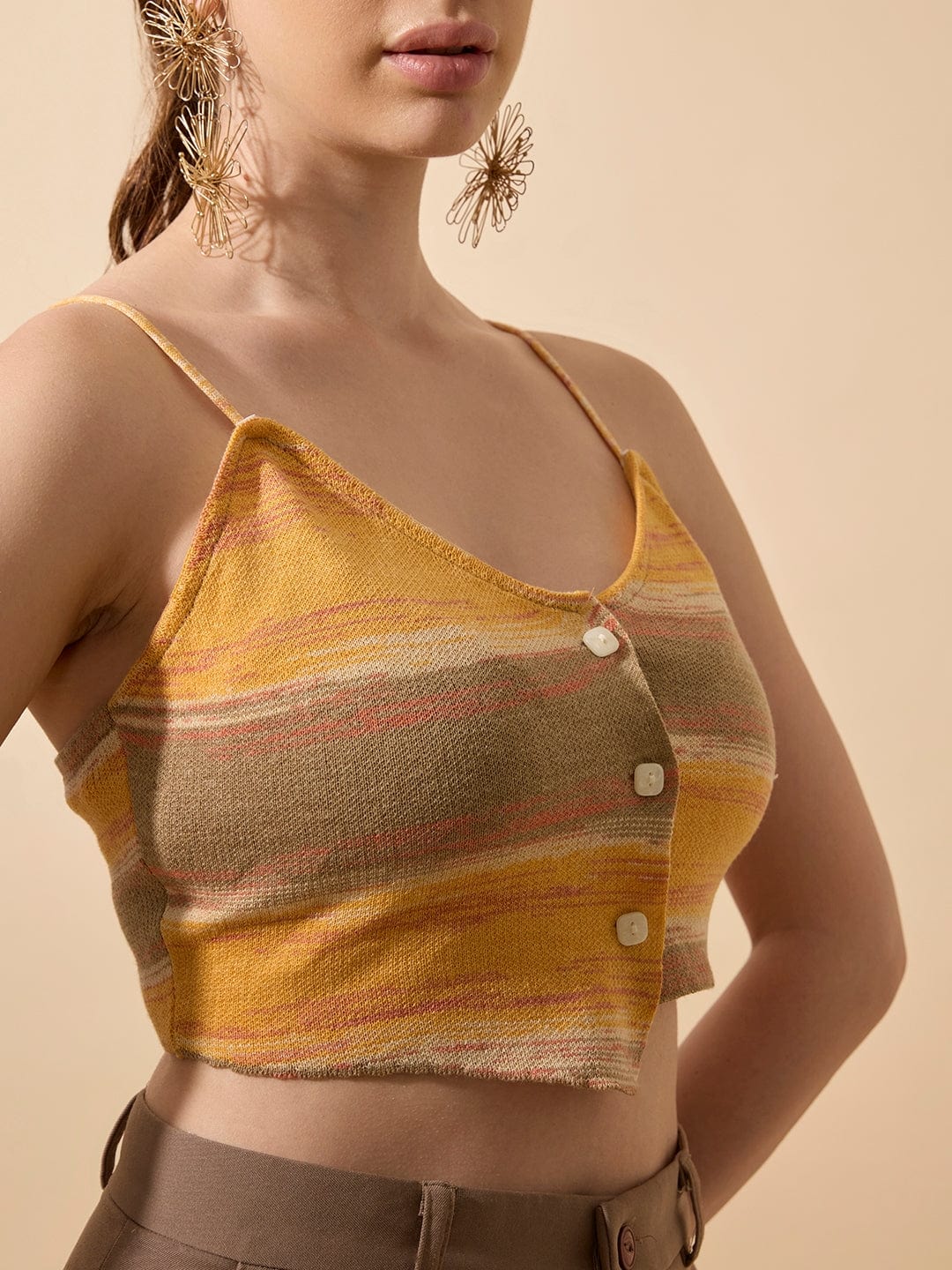 Women's Colourblocked Yellow Spaghetti Strap Crop Top with Button Detail