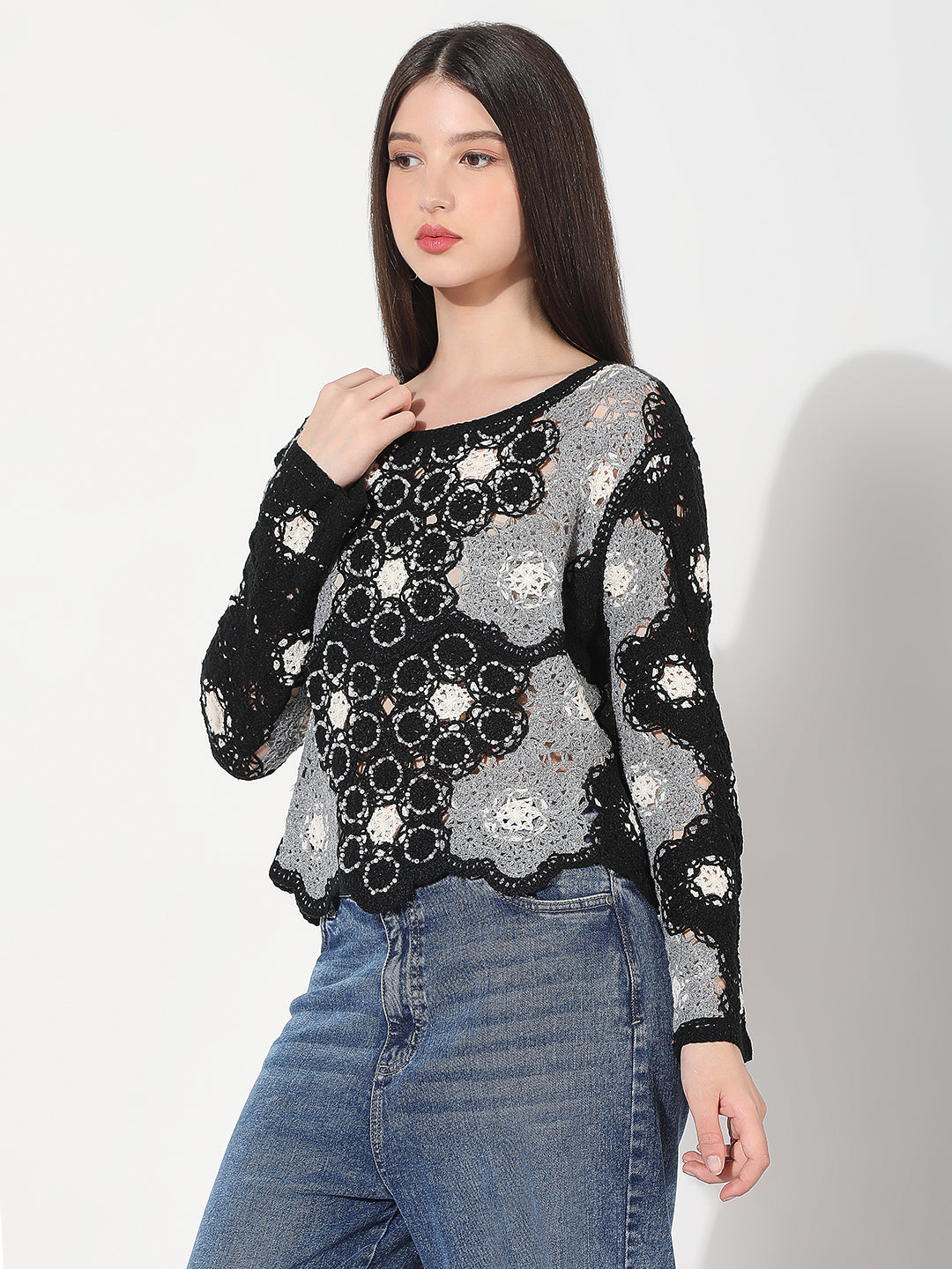 Women's Floral Black Crochet Top