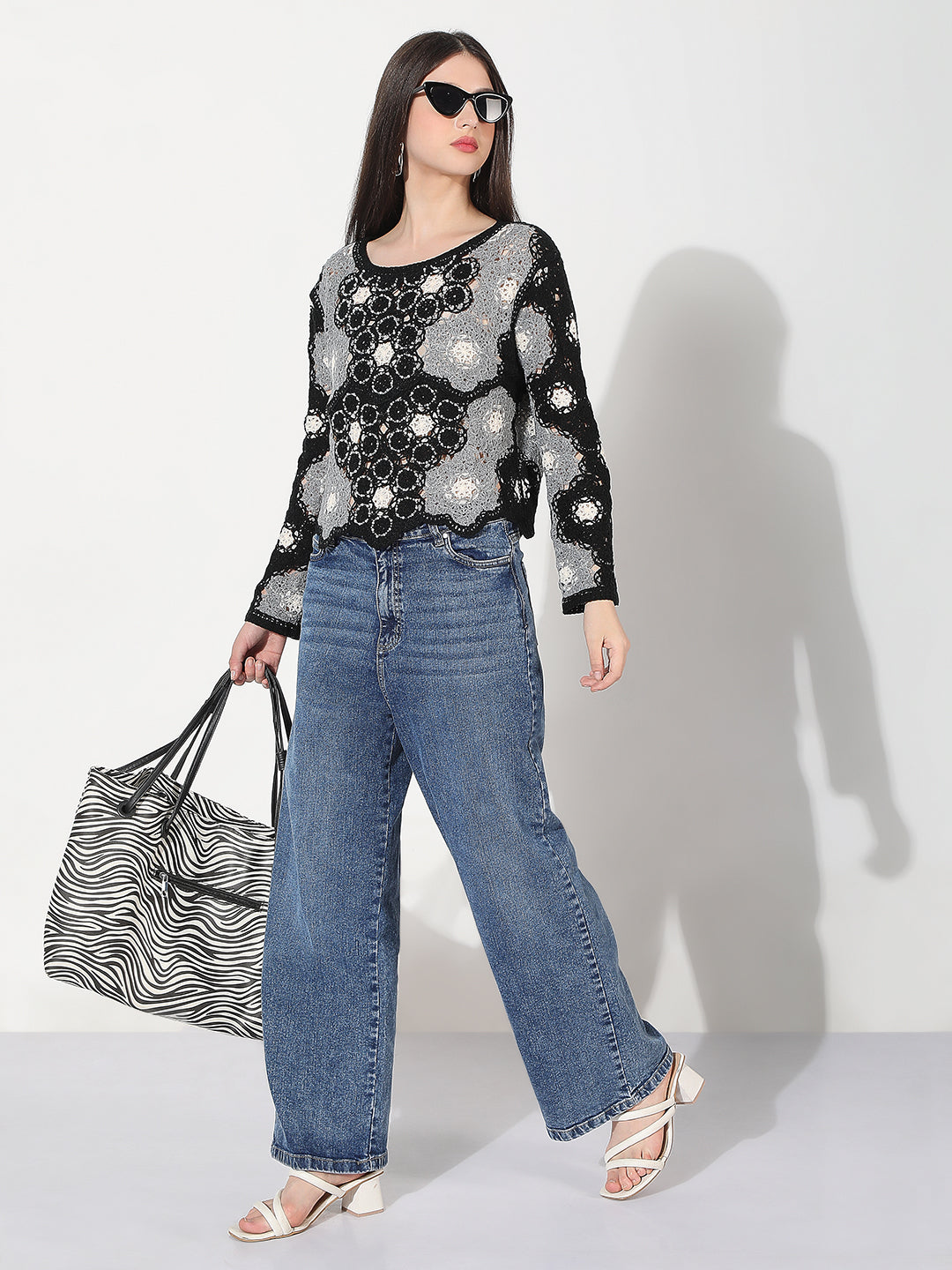 Women's Floral Black Crochet Top