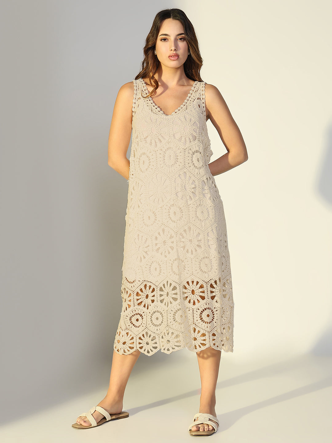 Women Cream Solid A-Line Crochet Dress