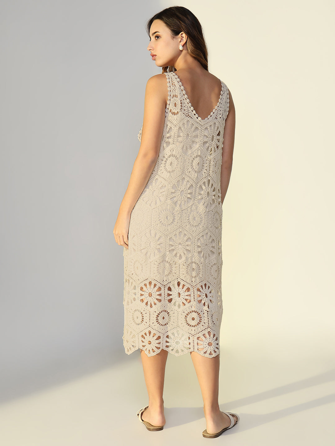 Women Cream Solid A-Line Crochet Dress