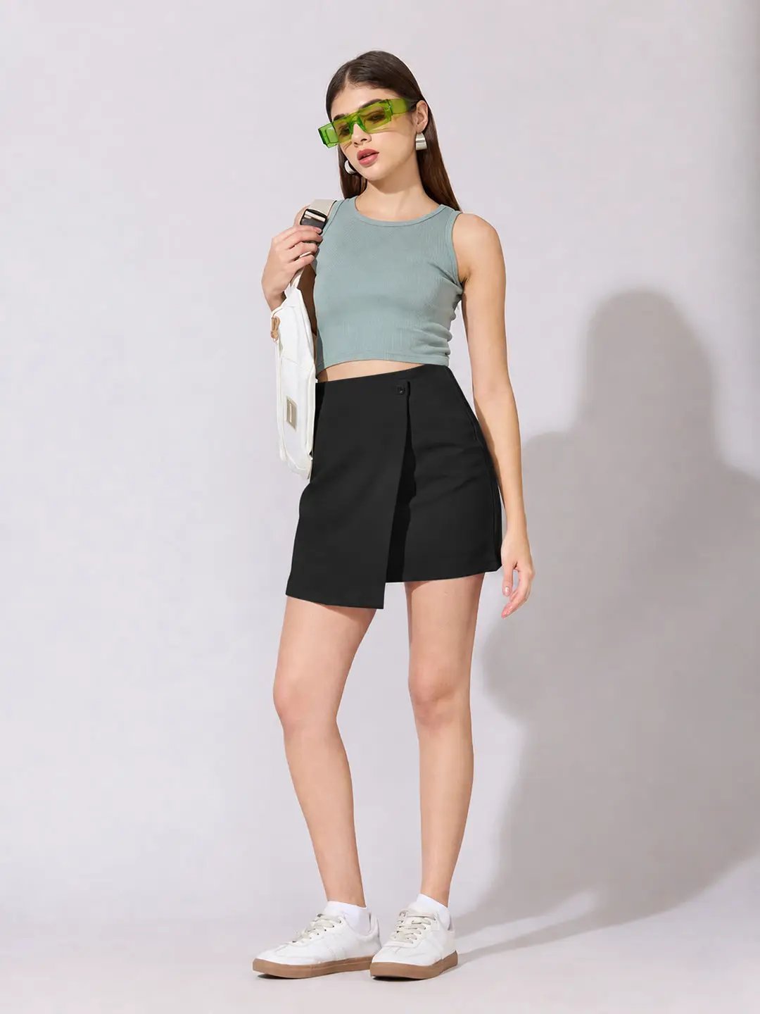 Women's Black Asymmetric Wrap Front Mini Skort with Button Detail