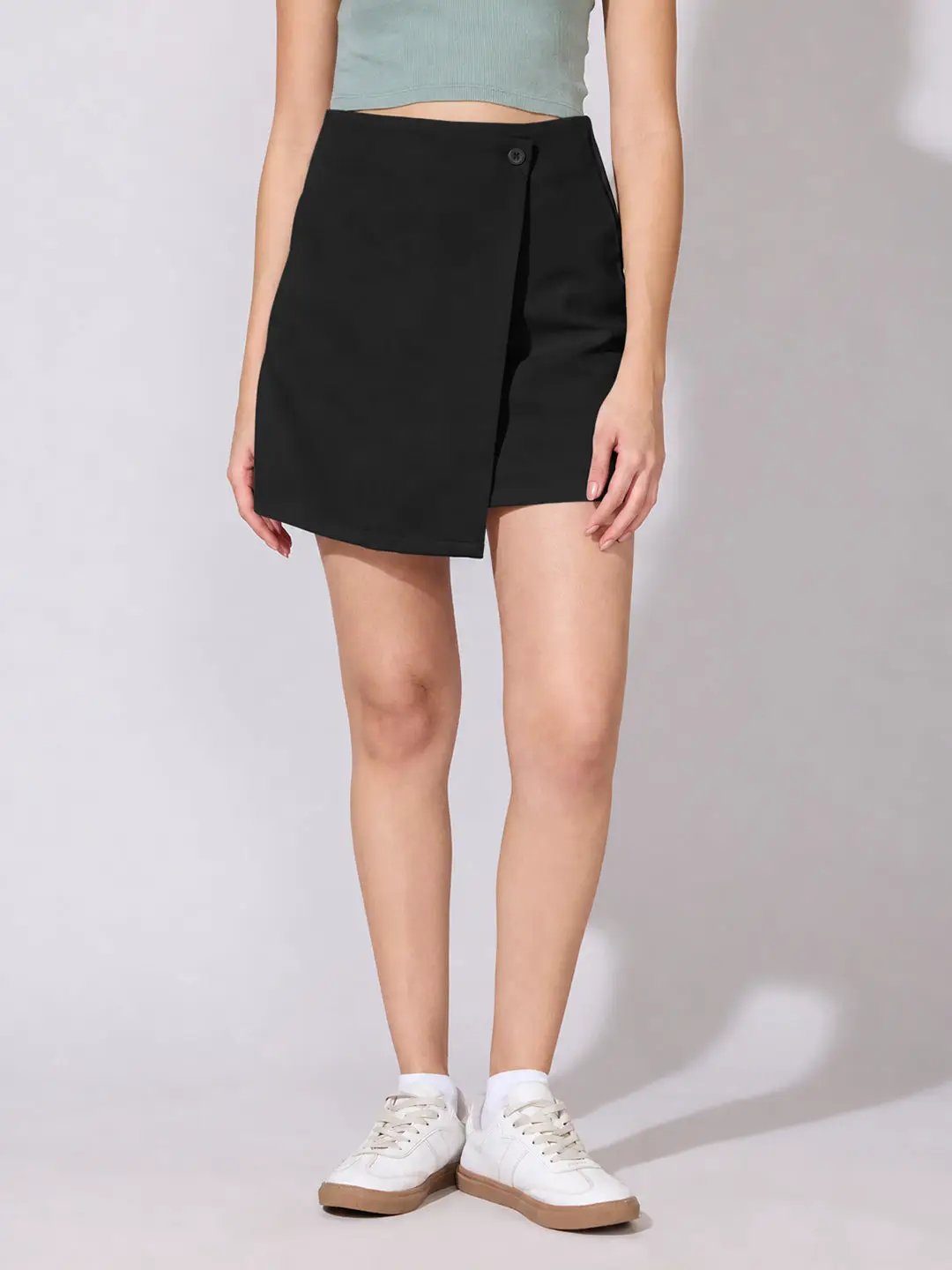 Women's Black Asymmetric Wrap Front Mini Skort with Button Detail