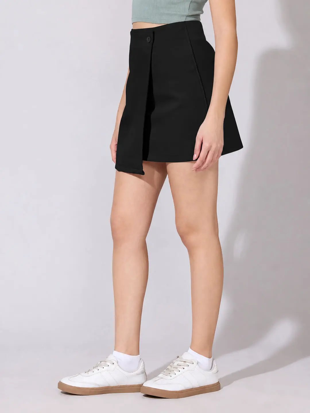 Women's Black Asymmetric Wrap Front Mini Skort with Button Detail