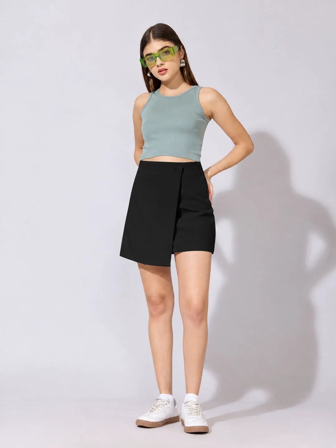 Women's Black Asymmetric Wrap Front Mini Skort with Button Detail