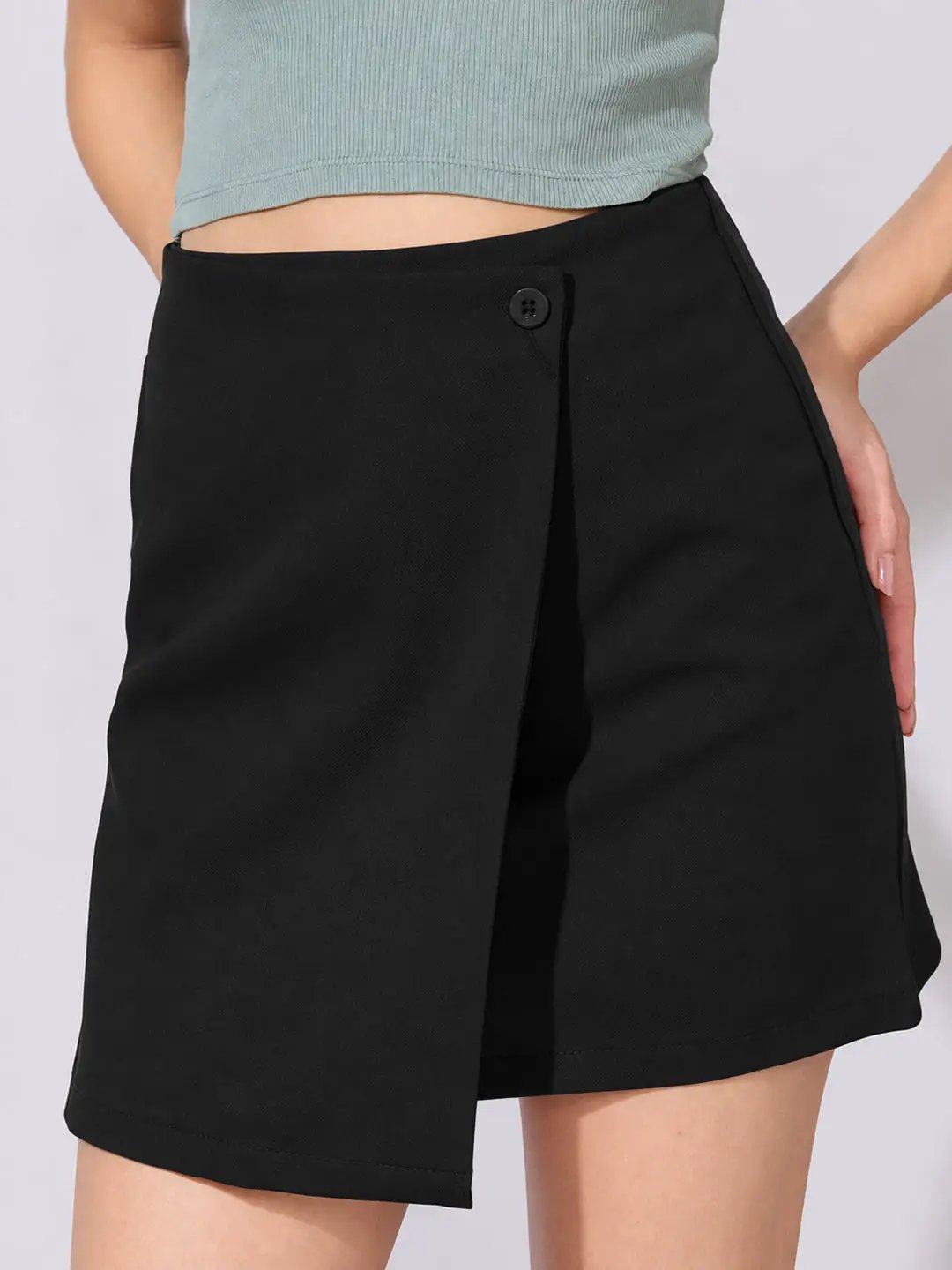 Women's Black Asymmetric Wrap Front Mini Skort with Button Detail