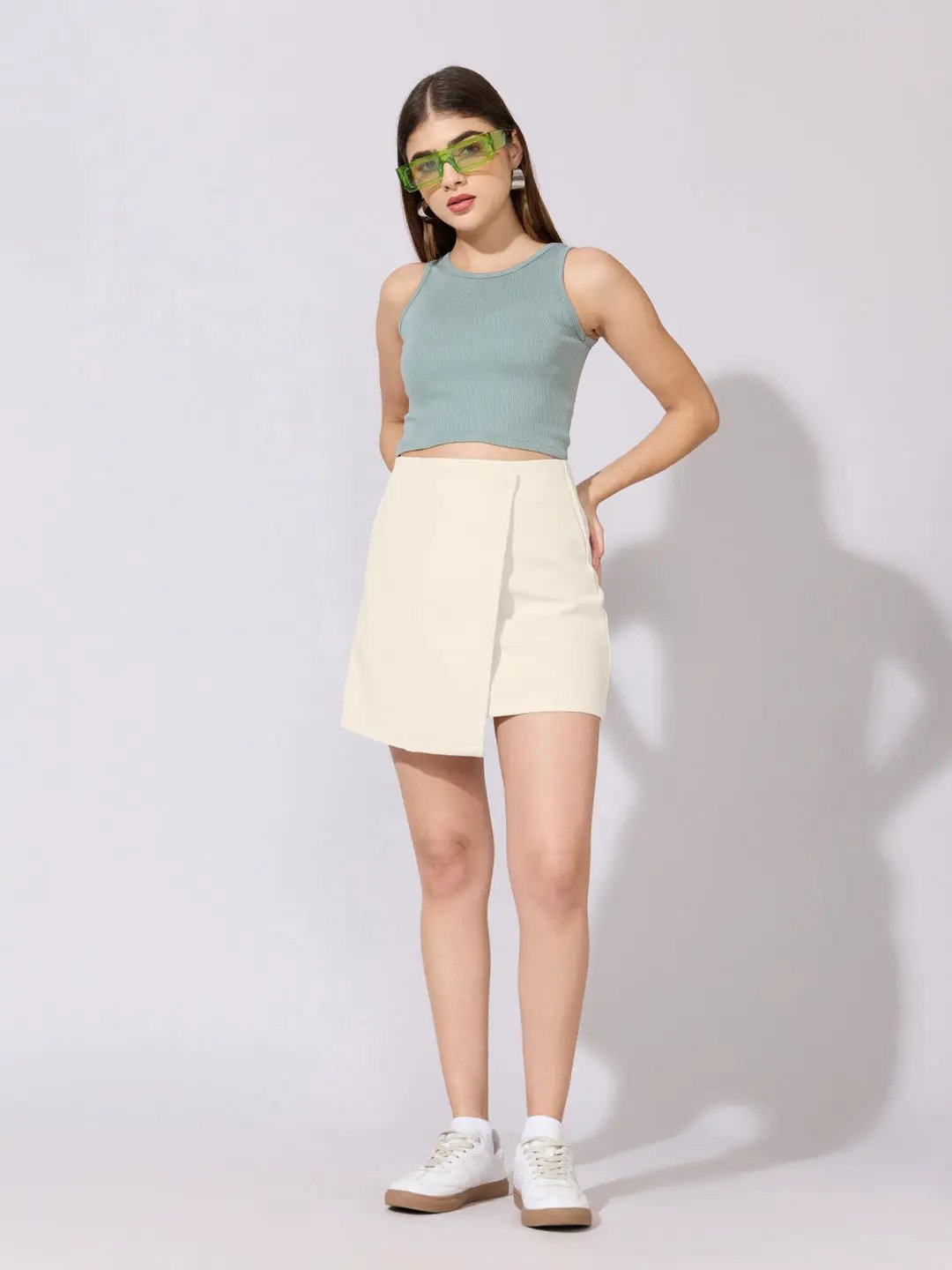 Women's Cream Asymmetric Wrap Front Mini Skort with Button Detail