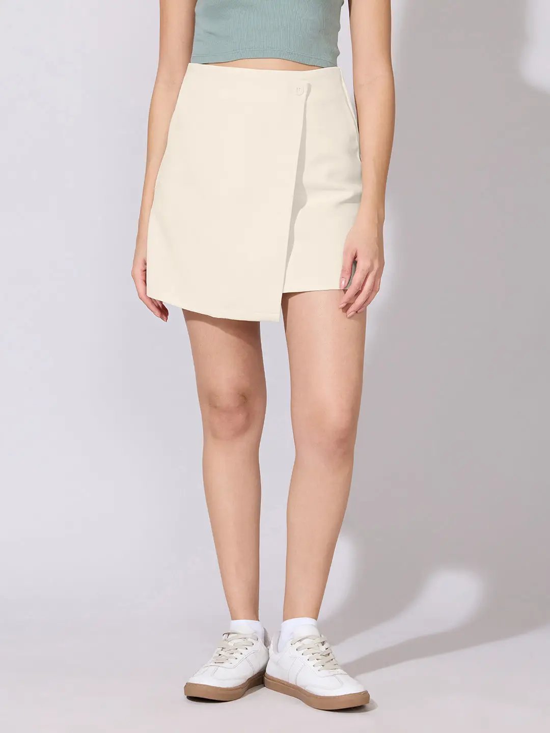 Women's Cream Asymmetric Wrap Front Mini Skort with Button Detail