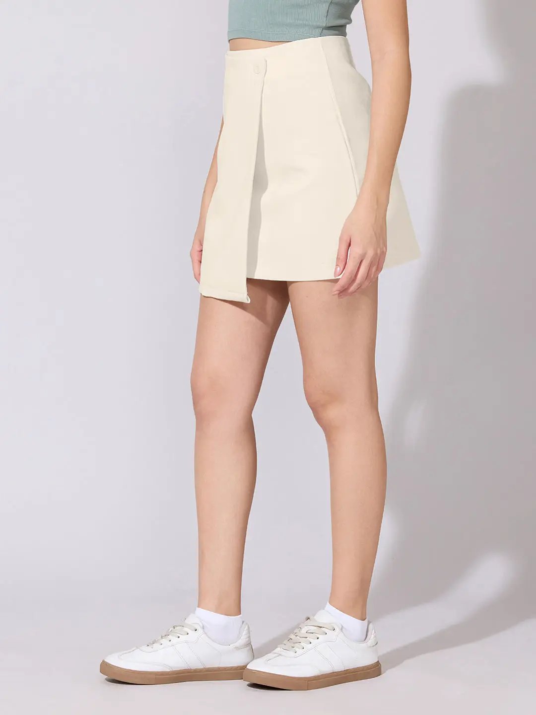 Women's Cream Asymmetric Wrap Front Mini Skort with Button Detail