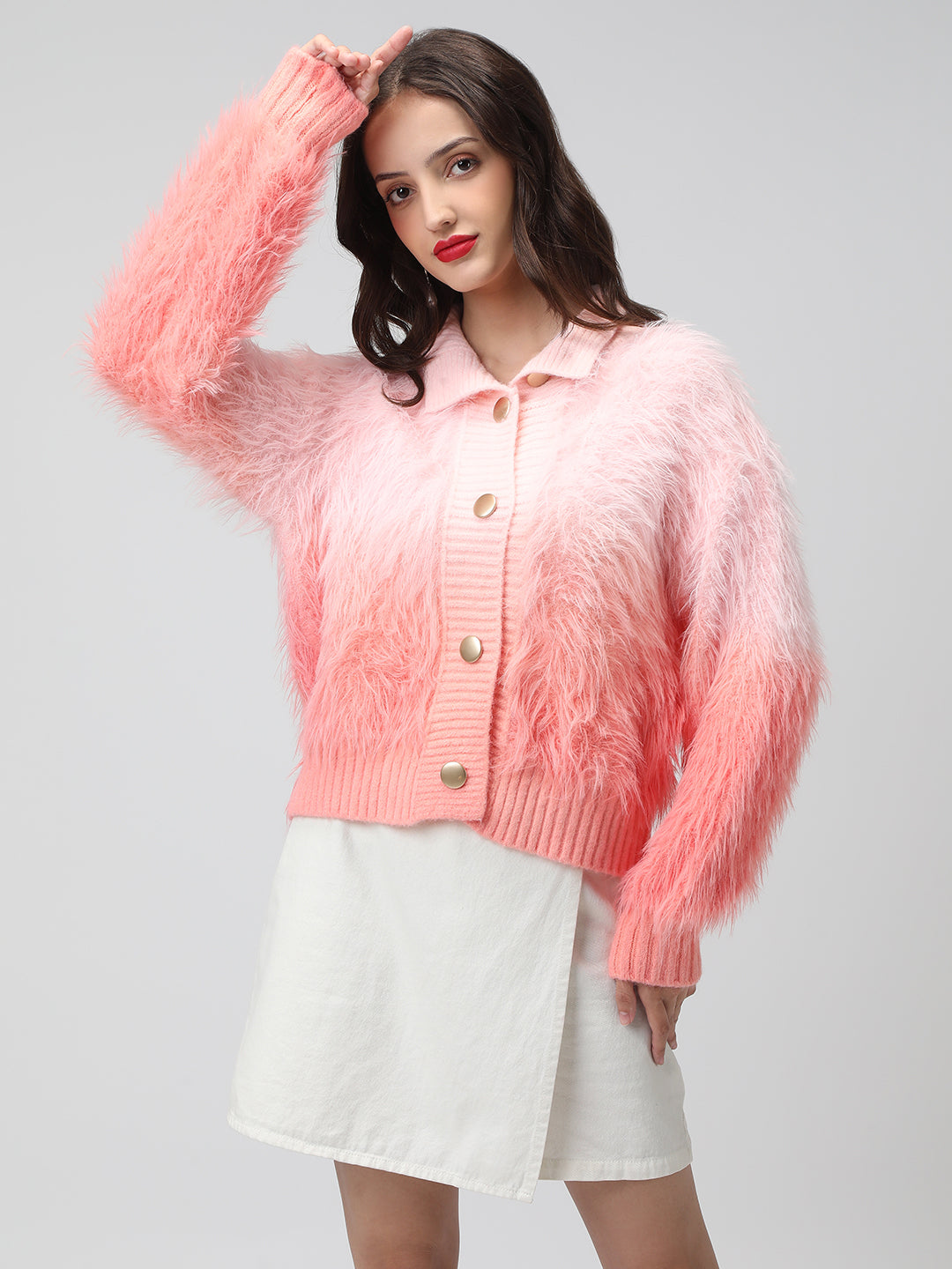 Women's Ribbed Ombre Pink Shirt Collar Cardigan with Button Detail