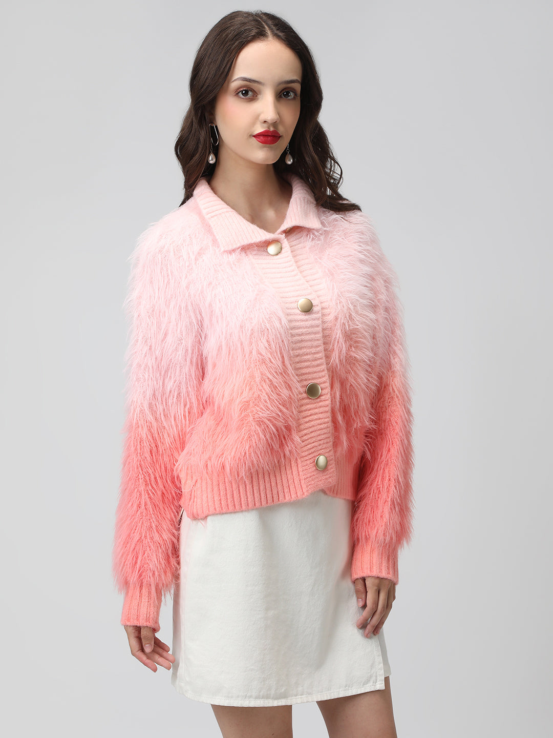 Women's Ribbed Ombre Pink Shirt Collar Cardigan with Button Detail