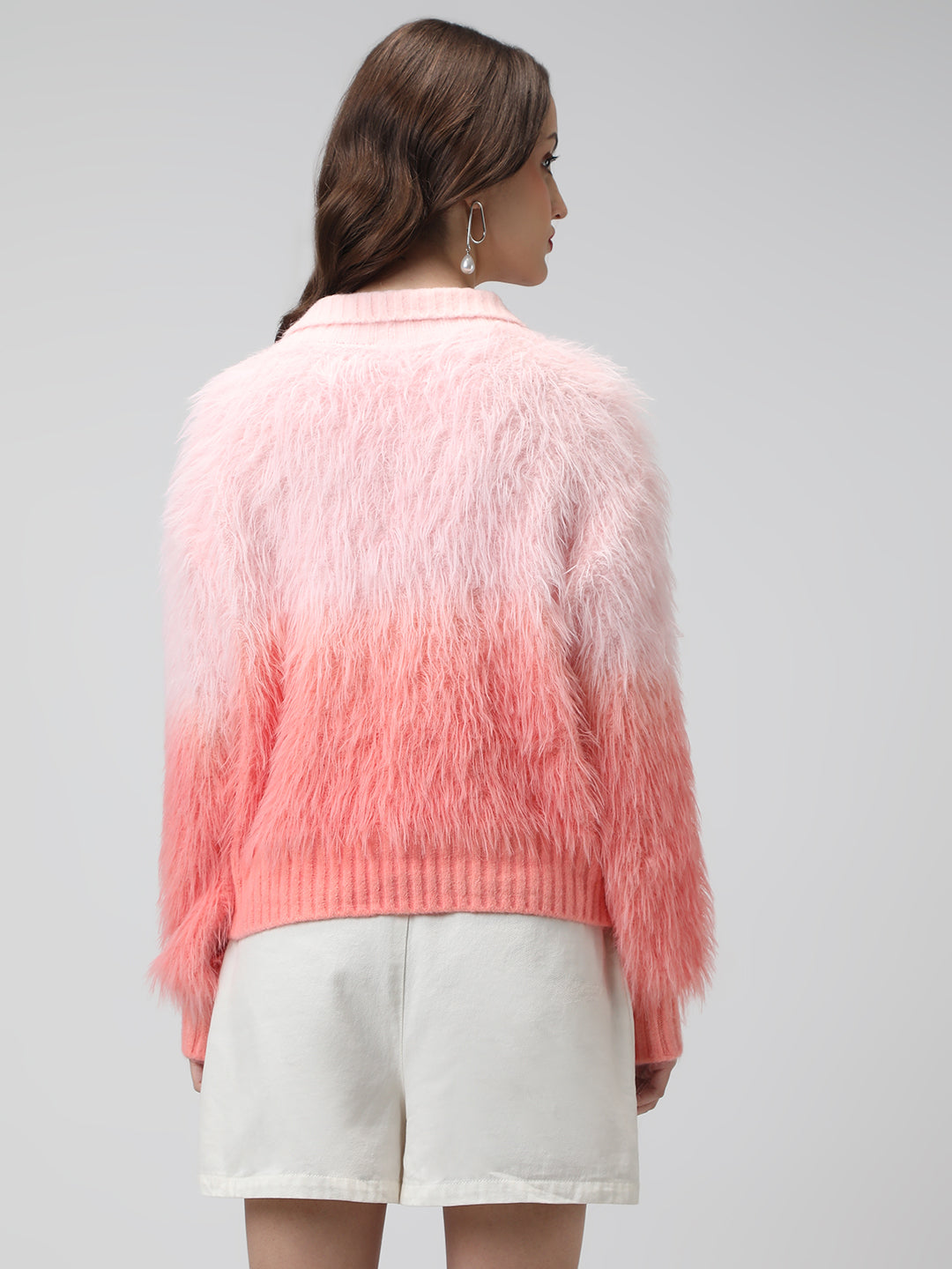Women's Ribbed Ombre Pink Shirt Collar Cardigan with Button Detail