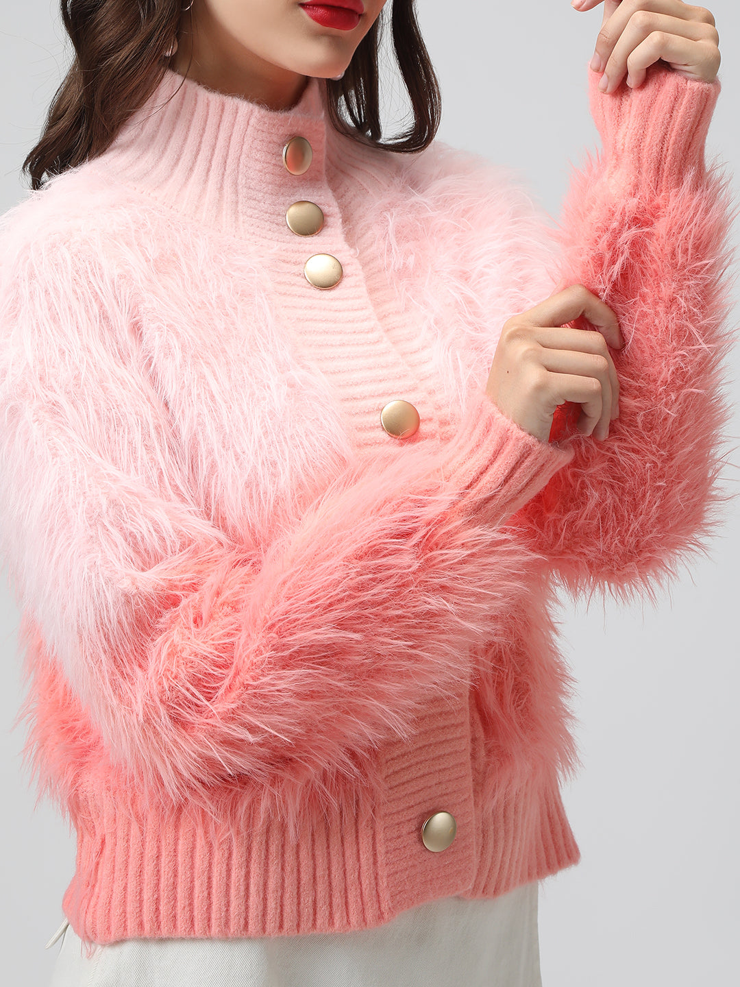 Women's Ribbed Ombre Pink Shirt Collar Cardigan with Button Detail