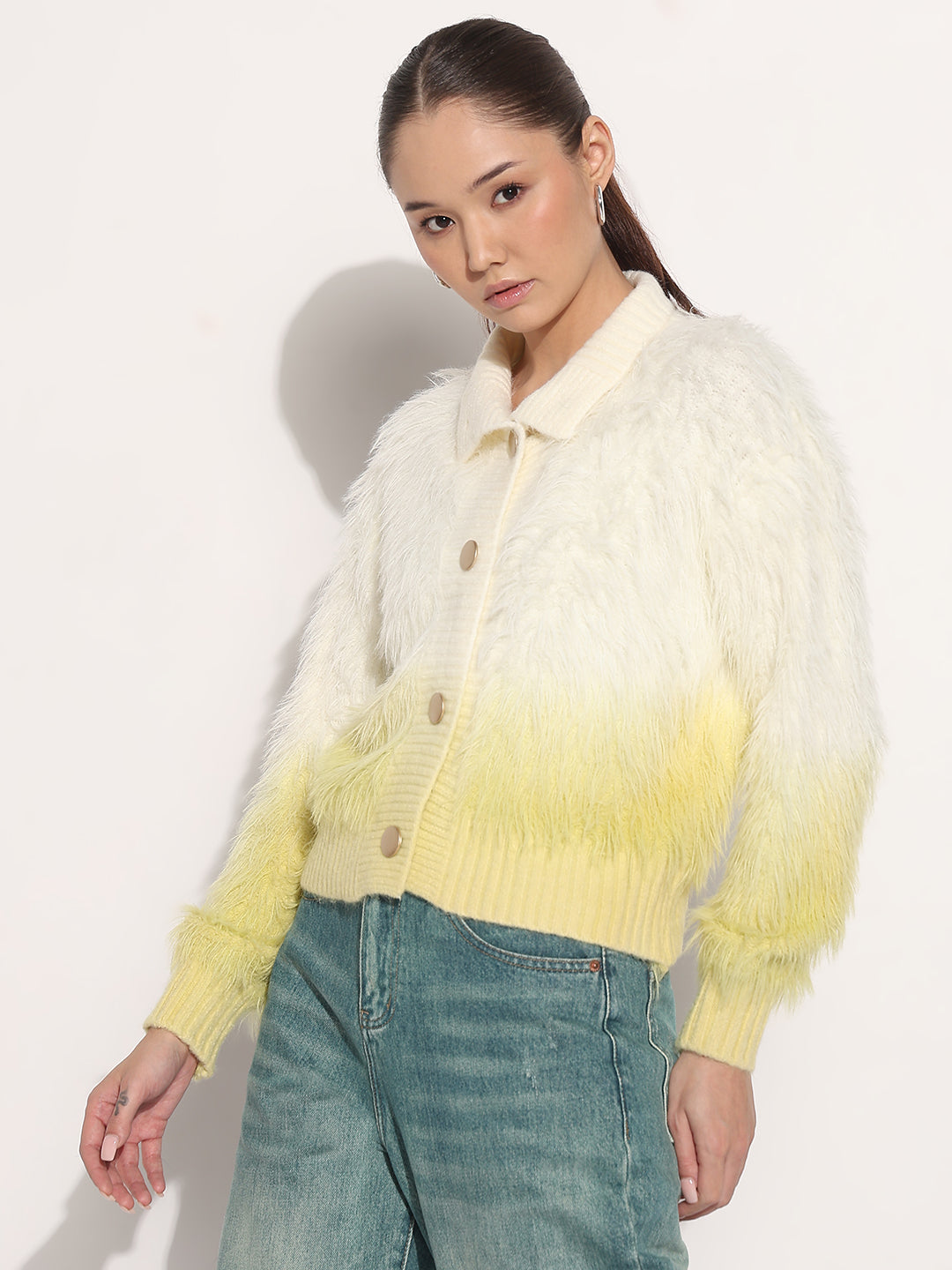 Women's Ribbed Ombre Yellow Shirt Collar Cardigan with Button Detail
