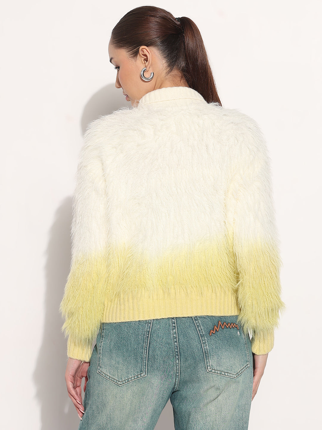 Women's Ribbed Ombre Yellow Shirt Collar Cardigan with Button Detail