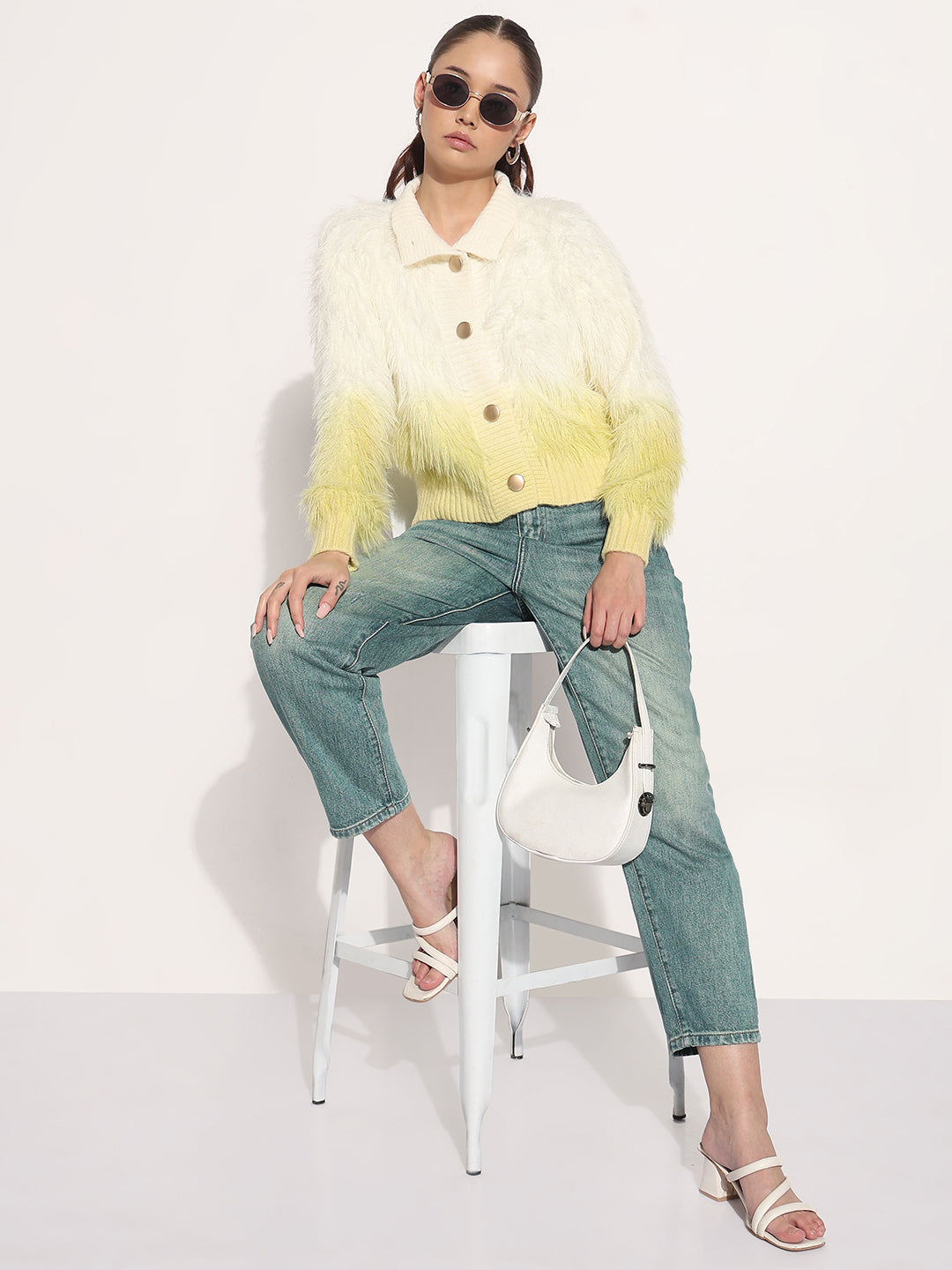 Women's Ribbed Ombre Yellow Shirt Collar Cardigan with Button Detail