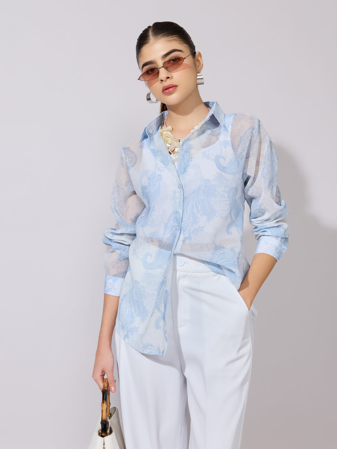 Women's Printed Blue Sheer Button-Down Shirt