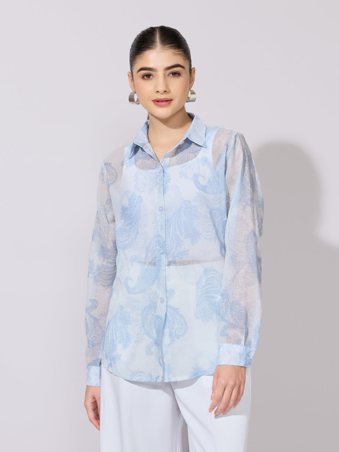 Women's Printed Blue Sheer Button-Down Shirt