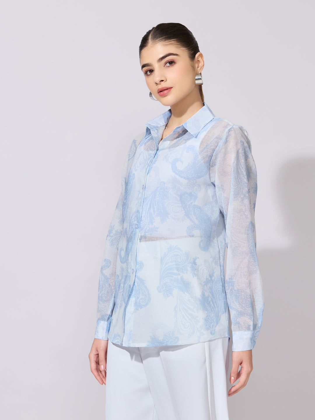 Women's Printed Blue Sheer Button-Down Shirt