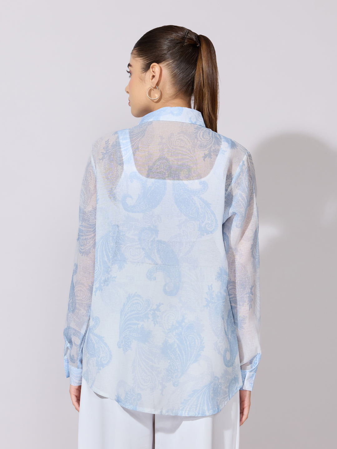 Women's Printed Blue Sheer Button-Down Shirt