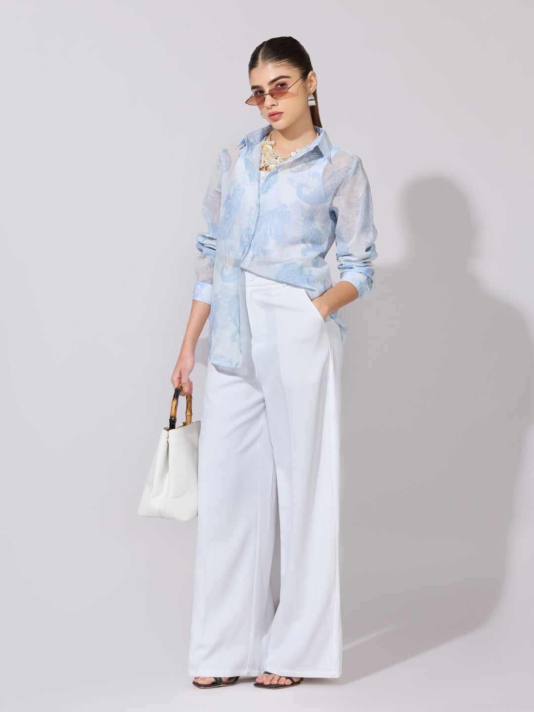 Women's Printed Blue Sheer Button-Down Shirt