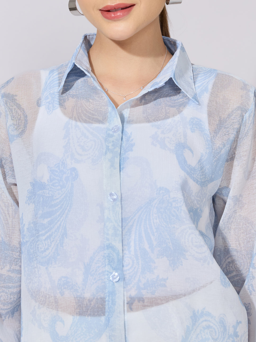 Women's Printed Blue Sheer Button-Down Shirt