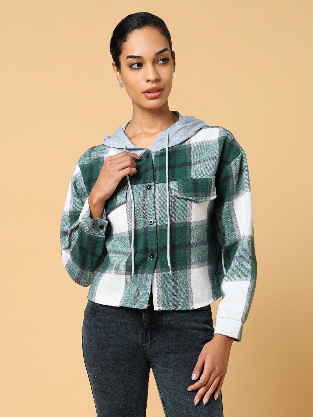 Women Hooded Checked Green Sweatshirt