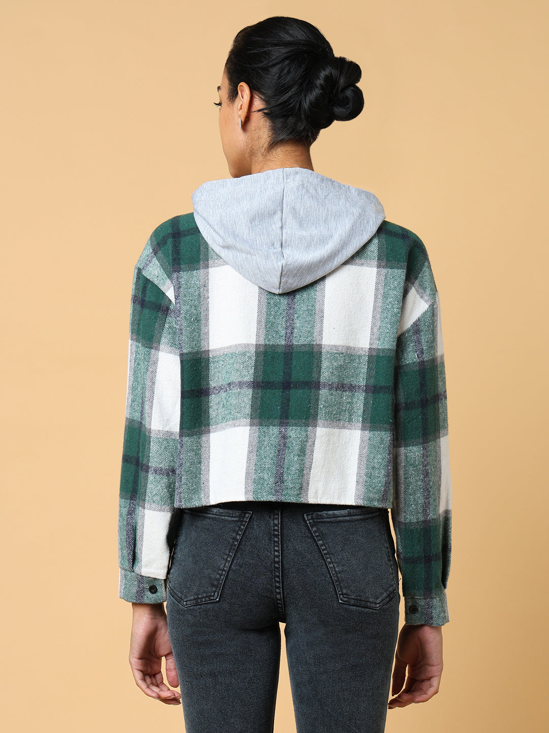 Women Hooded Checked Green Sweatshirt