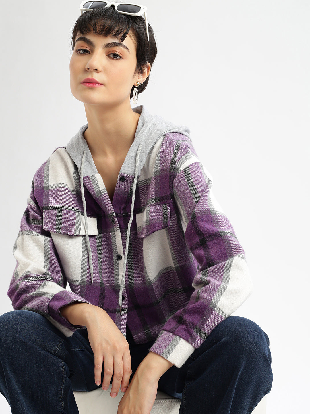 Women Checked Hooded Purple Oversized Shirt