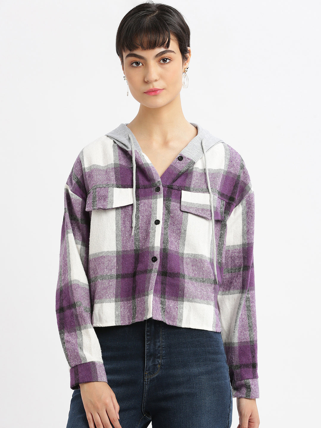 Women Checked Hooded Purple Oversized Shirt